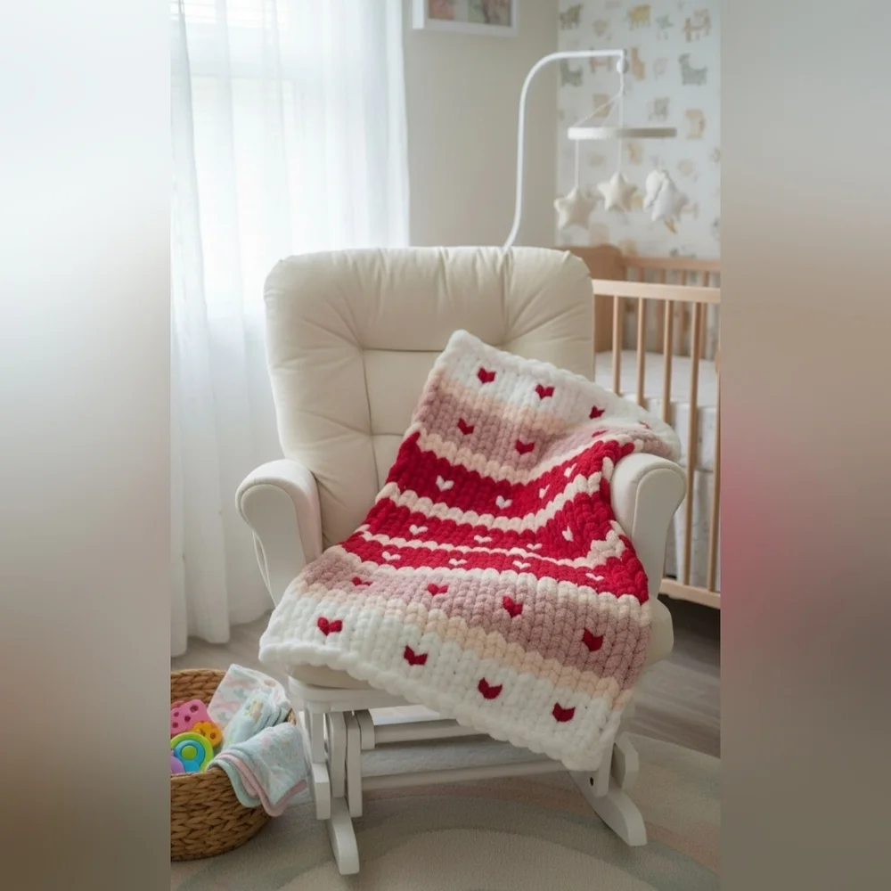 Handmade Chunky Yarn Baby Blanket & Bow Pillow Set Red Pink Heart Patterned Kids